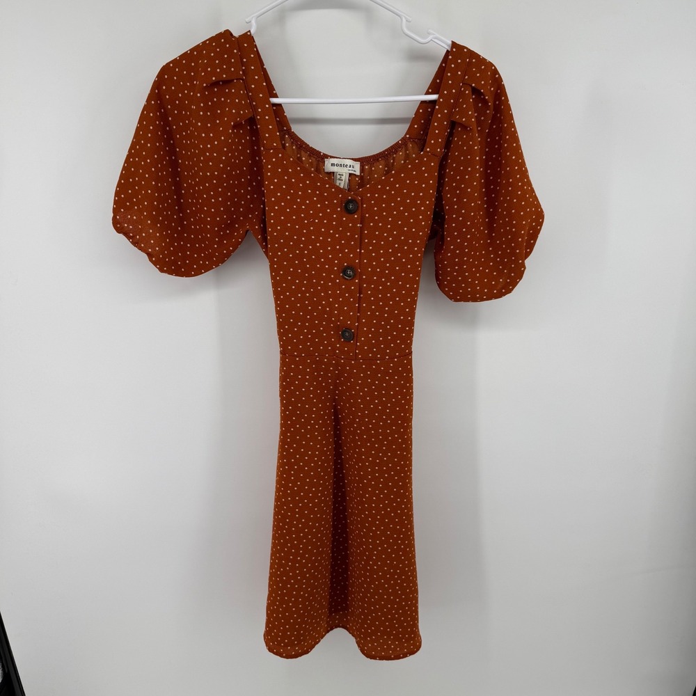 Monteau Los Angeles Rust Orange Polka Dot Puff Sleeve Mini Dress Small Cottage